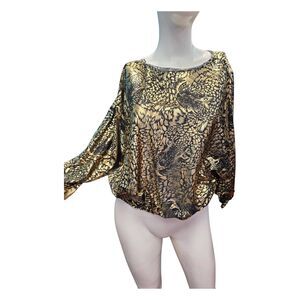 Cindy Collins Gold Black Animal Print Shiney Blouse Womens size Large Vintage 80